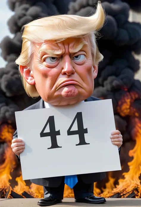 Donald Trump, (Looking very sad:1.2), Holding sign with text 404, Tears, crossed eyed, Goofy cartoon art, stupidest look, extra large head, stupid expression, Art by Albert Hirschfeld, white house in flames in the background