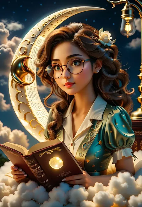 score_9, score_8_up, score_7_, photograph, analog style, real life, extremely beautiful, (highly detailed, intricately detailed), masterpiece, 8k, HDR, best quality, a crescent moon with glasses, lying on a cloud, with an open book in her hands, a lamp ill...