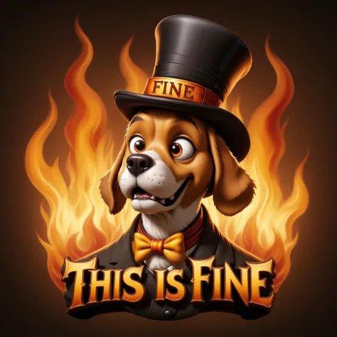 ("THIS IS FINE" text logo:1.2), flame letters, cartoon dog with a bowler hat, the letters "THIS IS FINE" are large and prominent