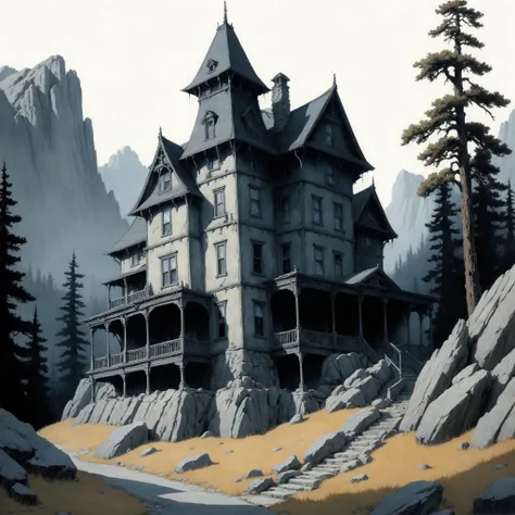 a classic landscape painting of a spooky haunted hotel nestled high in the rocky mountains  , by John Kenn Mortensen, line art inked negative space minimalistic pencil and paper simple drawing  Masamune Shirow and by Eliot Porter