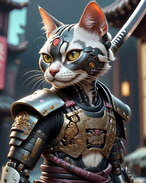 a cyberpunk cute (cyborg :1.3)cat samurai,posing with a 1katana
(intricate details:0.9),(hdr, hyperdetailed:1.2),photorealistic,epic realistic,
by greg rutkowski,full body shot