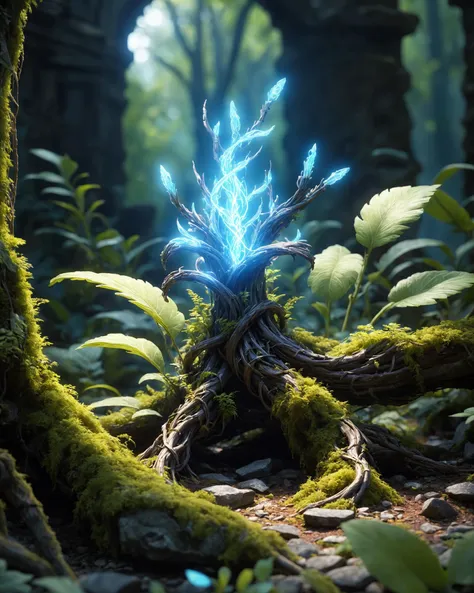 close up cinematic still of an incorporeal wisp creature in a forest ruins, 3D CGI rendering of an magical nature elemental wisp exploring a stone ruins, nature elemental ,wisp, vines, flowers, roots, incorporeal form, magical energy, close up, stone ruins...