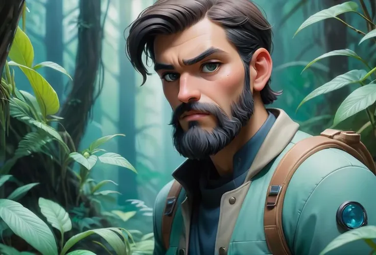 anime artwork breathtaking Masterpiece, award winning portrait of a bearded hipster explorer in a Jungle by Syd Mead, cold color palette, muted colors, detailed, 8k . award-winning, professional, highly detailed . anime style, key visual, vibrant, studio a...