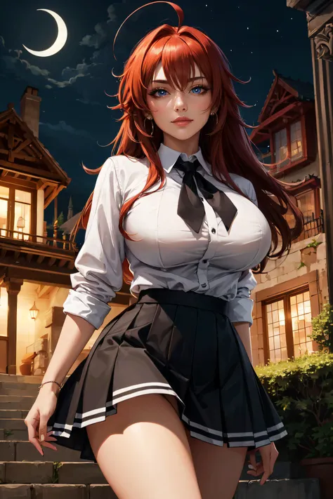 (masterpiece, best quality, ultra detailed, absurdres)1.5, 1girl, (sexy, beautiful woman, perfect face, perfect eyes, perfect female body, huge breasts)1.5, (rias_gremory, long hair, ahoge, hair between eyes, school uniform, pleated skirt, <lora:rias_gremo...