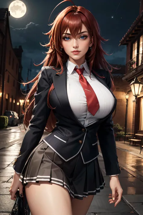 (masterpiece, best quality, ultra detailed, absurdres)1.5, 1girl, (sexy, beautiful woman, perfect face, perfect eyes, perfect female body, huge breasts)1.5, (rias_gremory, long hair, ahoge, hair between eyes, school uniform, pleated skirt, <lora:rias_gremo...