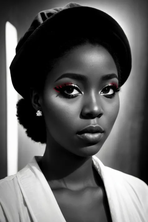 an eye contact of a Burundian woman, bashful, Step-by-step, liquid eyeliner, velvet lipstick, rule of thirds, Rounded face, Long face, electropop, edge lighting, (infrared filter:1.4)