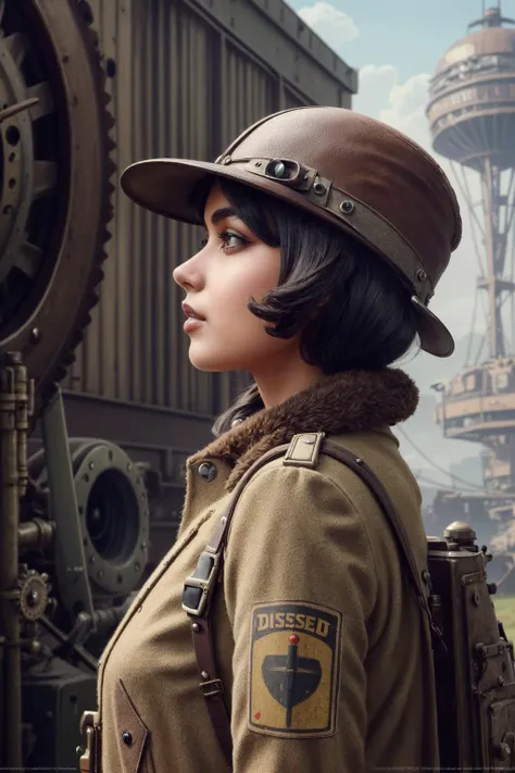 (2d masterpiece dieselpunk realistic, best quality, day:1.3), side view, a cute tamil girl, :o, medium hair, cloche hat, nail polish, floating castle background, Lavish, trending on Sketchfab, (nsfw:0.6)