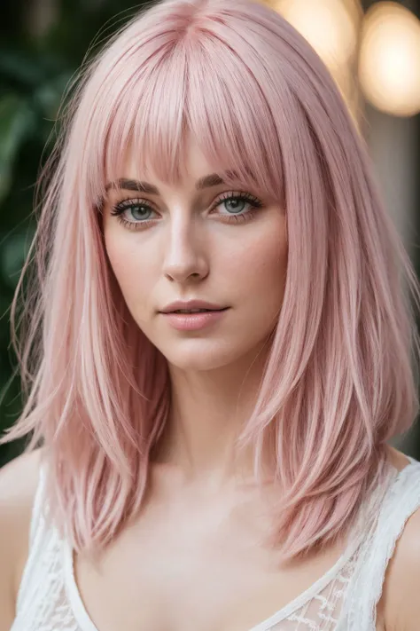 RAW photo, a portrait of 32 years old italian beauty, (high detailed skin:1.2), 8k uhd, dslr, soft lighting, high quality, film grain, Fujifilm XT3, Side-swept bangs, Pastel pink hair color