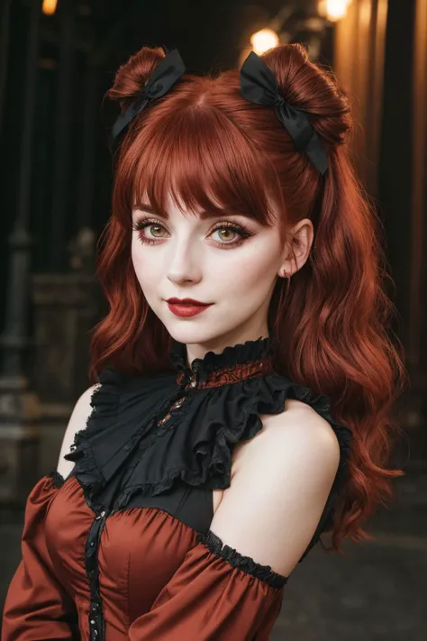 upper body, a badass GothGal, 28 years old, (from Germany:1.3), slaying it, wearing a red GothGal outfit, red dress, ribbon, frills, Long eyelashes, thick lips rosy cheeks, cuteness overload , moody atmosphere, dimples, Resist her cuteness!!!, cute smile, ...