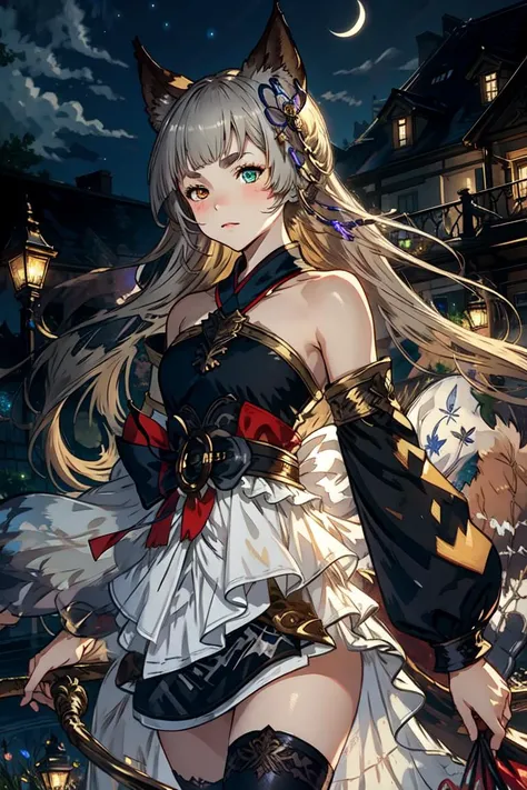 black victorian dress, heterochromia, erune, <lyco:Pholia-000015:1.0>, mansion, night, night sky, , , Cowboy Shot,