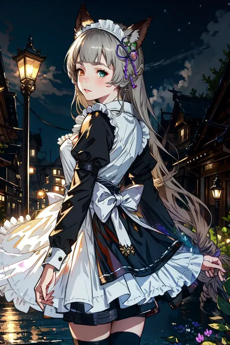 maid, maid headdress, maid apron, heterochromia, absurdly long hair,  erune, <lyco:Pholia-000015:1.0>, night, , Establishing Shot,