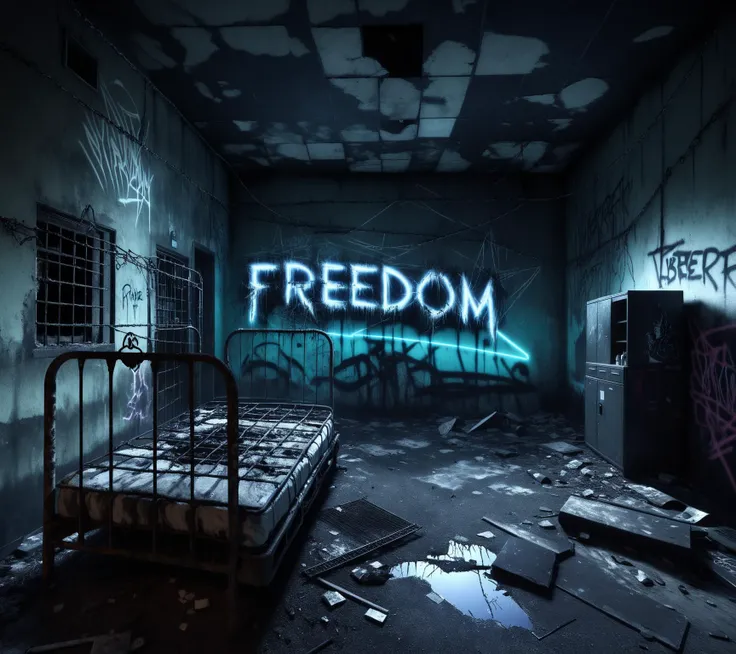 <lora:Harrlogos_v2.0:1> (FREEDOM text logo:1.5), prison, jail, bars, single bed, cramped cell, springs, damp, mould, rusted, abandoned, broken, smashed glass, barbed wire, watch tower, wrecked, trash, litter, graffiti, vandalised, (LIBERTY text logo:1.5), ...