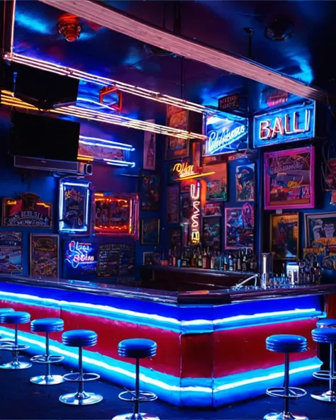 a dimly lit bar with stools and neon signs in a dark room