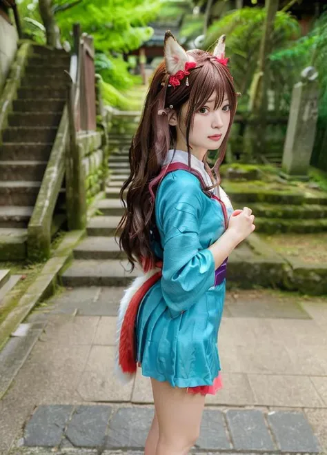 torso photo of mewachu:1<lora:MewAchu:0.7> long wavy hair, hand swining motion blur,as japanese witch at step way of temple, fox headband , wideangle, close up