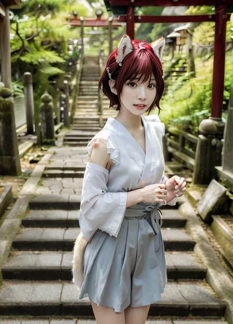 torso photo of mewachu:1<lora:MewAchu:0.7> short wavy hair, hand swining motion blur,as japanese witch at step way of temple, with lots of Torii, fox headband , wideangle, close up