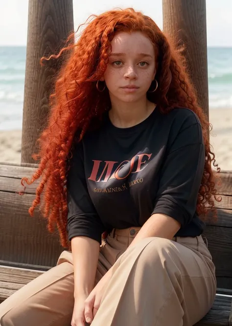 <lora:ernkl-23:1> ernlk, red hair,long curly hair,shirt,close,up,black pants,crossed arms,masterpiece,8k,uhd,soft lighting ,at beach,golden hour, bokeh,dof