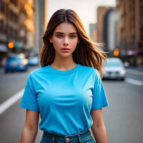 best quality, extra resolution, wallpaper, HD quality, HD, HQ, 4K, looking at viewer, close up of beautiful (AIDA_LoRA_LG2022:1.07) <lora:AIDA_LoRA_LG2022:0.75> in simple blue t-shirt and denim skirt, [beautiful woman], pretty face, self-assurance, cinemat...