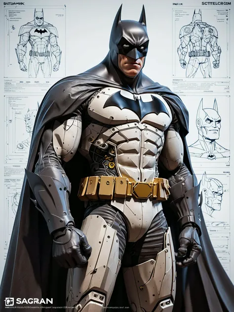 poster of a mechanical dc comics character batman, by sagrav technical Schematics viewed from front and side view on light white blueprint paper, Illustration drafting style, illustration, typography, conceptual art, dark fantasy, steampunk, 3d render, dar...