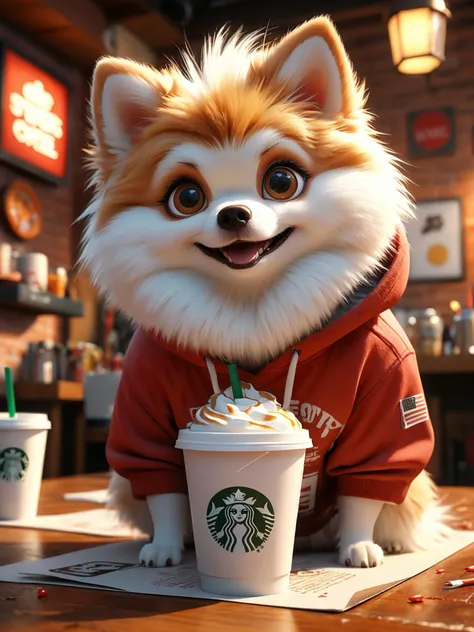 (Ultra-HD-quality-details, real-photo-realistic, ideal), Cute cartoon style >Treat the following Prompt Elements with equal Emphasis<draw a extra white pomeranian dog | with white fur all over | No cream patches anywhere | wearing a red hoody| Text "Izzy" ...