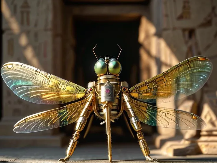 a scrapbot detailed close up of a (detailed dragonfly), iridescent colors, in (Egyptian Pyramid Complex), (Ancient Egyptian Tomb), (Pyramid Interior), (Ancient Egyptian Paintings), (Tomb Door), (Egyptian Sarcophagus), (Flickering Flames), (Shaft of Light),...