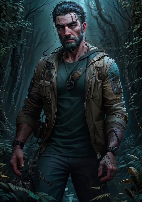 buckle, realistic, nature, single_mechanical_arm, car, standing, watch, bag, depth_of_field, original, thick_eyebrows, short manly, outdoors, science_fiction, water, bandages, closed_mouth, hair_slicked_back, beard, veins, pouch, blue_eyes, scenery, blue t...