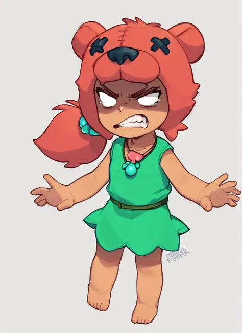 a cartoon girl with a green dress and a brown bear