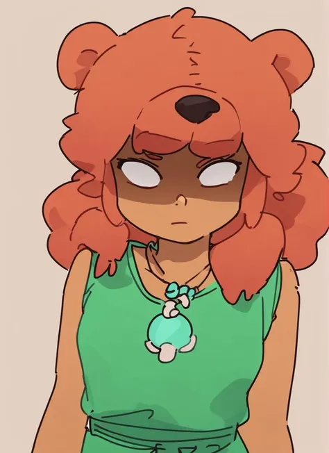 a close up of a cartoon bear with a green shirt and a necklace