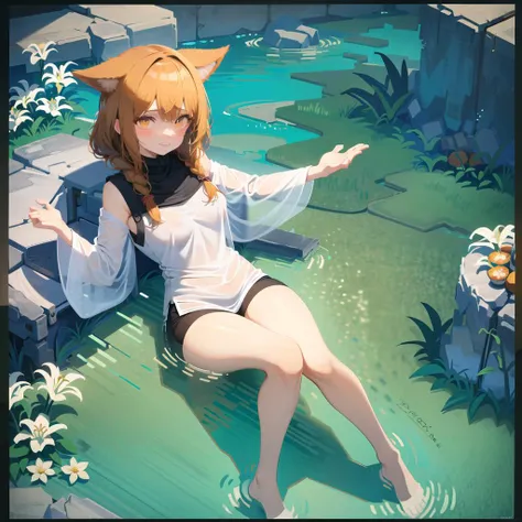 (arknights),dog girl, wolf ears, fluffy ears, ((masterpiece)), best quality, perfect anatomy, (1girl, solo focus:1.4) , pov, looking at viewer, flower trim,(perspective, sideway, From directly above ,lying on water, open hand, palm, :1.3),(Accurate five-fi...