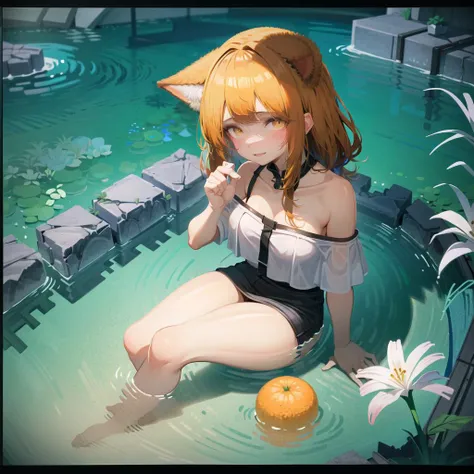 (arknights),dog girl, wolf ears, fluffy ears, ((masterpiece)), best quality, perfect anatomy, (1girl, solo focus:1.4), , pov, looking at viewer, flower trim,(perspective, sideway, From directly above ,lying on water, open hand, palm, :1.3),(Accurate five-f...