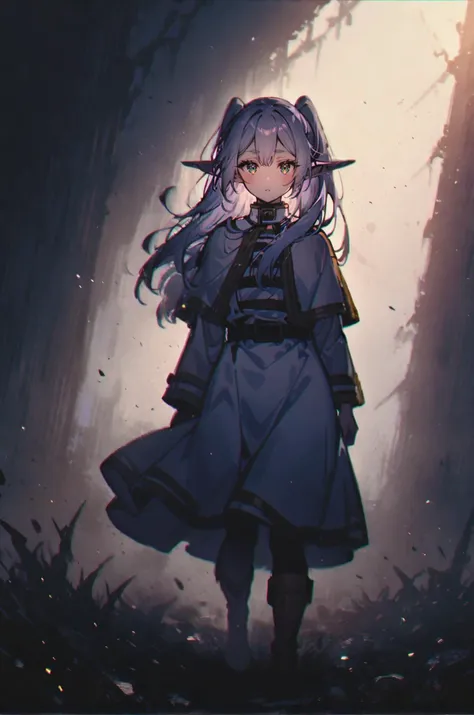 anime girl in a blue coat standing in a dark forest