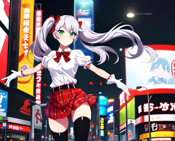 1girl,solo,Rin_AT, a woman with long white twintail hair and green eyes,wearing a white blouse, white gloves, a red plaid patterned skirt. red and black thigh high socks, a slim black leather belt, a red  neck bow, posing for a photo,akihabara background, ...