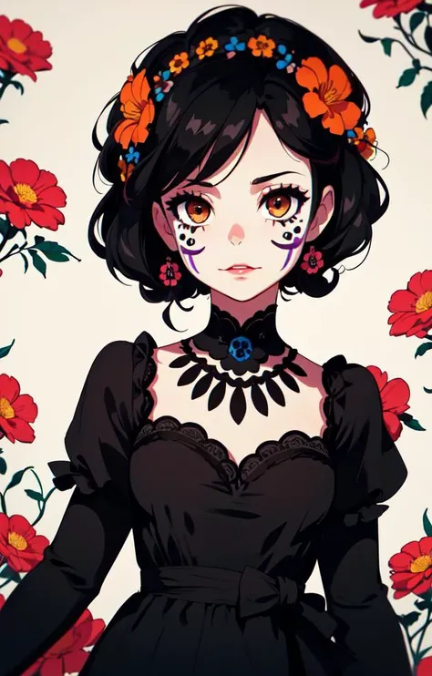 1girl,solo,toned girl,beautiful face paint,black hair, messy hair, brown skin,brown eyes,long dress,beautiful dress,ornate dress, dia de los muertos dress,dia de los muertos aesthetic,flowers, cinematic, high contrast, beautiful dia de los muertos backgrou...