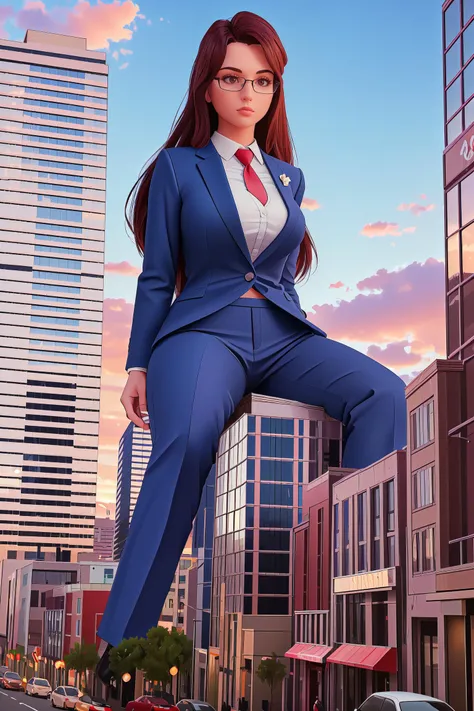 1woman, (giant:1.5) woman sitting on a fast food restaurant, long hair, wearing a suit and tie, pants, glasses, sunrise, busy city, beautiful sky, highres, high resolution:1.2, 3D, (((masterpiece))), ultra detailed background, wallpaper, watching the sunri...