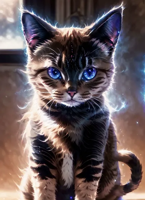 there is a cat that is sitting on a table with a blue light