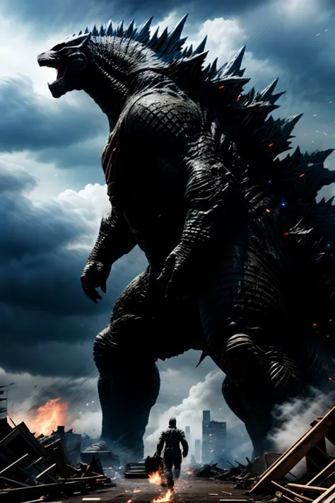 godzilla rising from the ground with a man walking in front of it