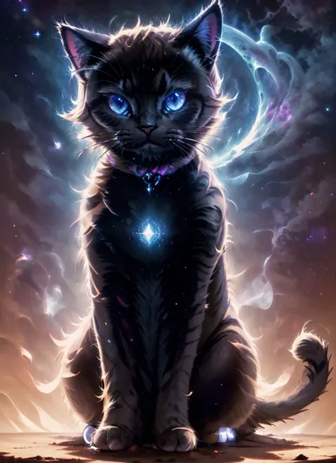 a close up of a cat sitting on a rock with a glowing star in its eyes