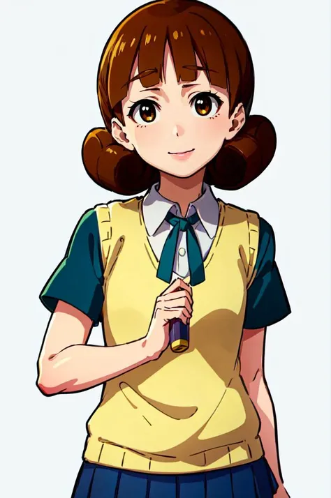 solo, smile,  <lora:Ms._Mari__Mariko_Ozono_Mega_Man_Battle_Network:0.85> ms_mari, brown eyes, brown hair, short hair, blunt bangs,   <lora:SakuragaokaHighSchoolUniform:1> SakuragaokaSummer, sakuragaoka high school uniform, sweater vest, neck ribbon, short ...