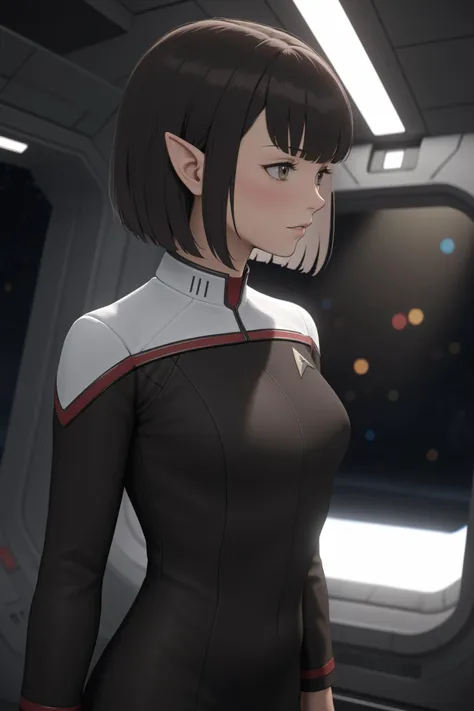 a woman in a black and white uniform standing in a spaceship