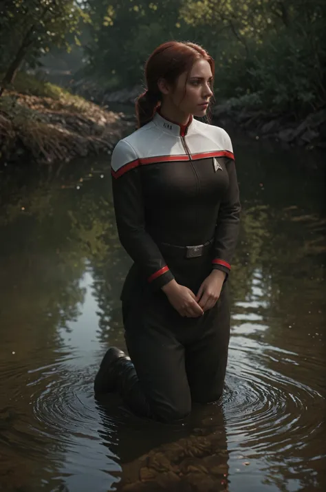 arafed woman in a wet suit standing in a river