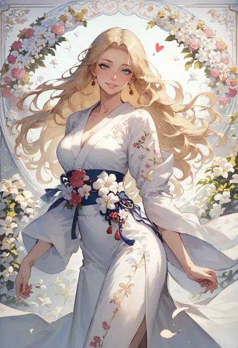 score_9, score_8_up, 1girl, white kimono, solo, blonde hair, mid parted hair, long hair, heart, curvy, solo, sultry look, romantic sunset, surrounded by white lily flowers in a flower meadow, dynamic pose, art nouveau style  <lora:sdxlMixSummerSolstice Sty...