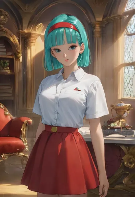 a woman with blue hair and a red skirt standing in a room