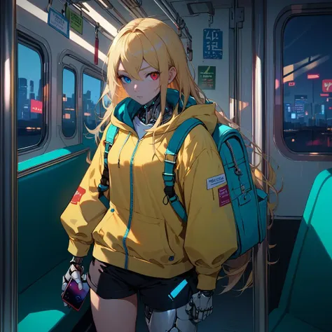 anime girl in yellow jacket on train with backpack and camera