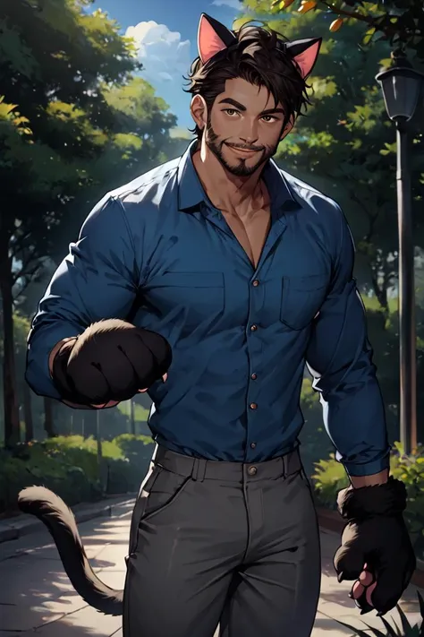 a close up of a man in a blue shirt and a cat ears