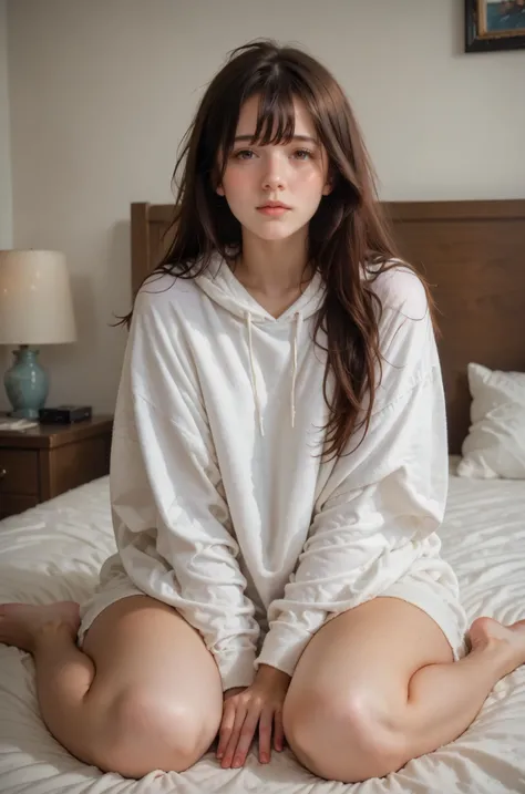 arafed woman sitting on a bed in a white shirt