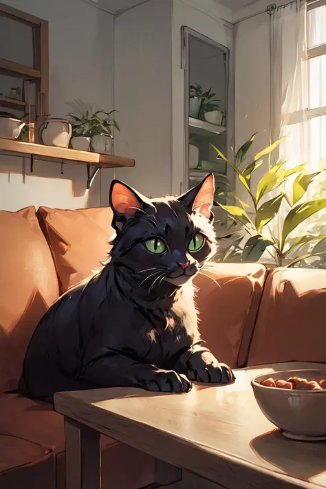 there is a black cat sitting on a couch next to a bowl of food