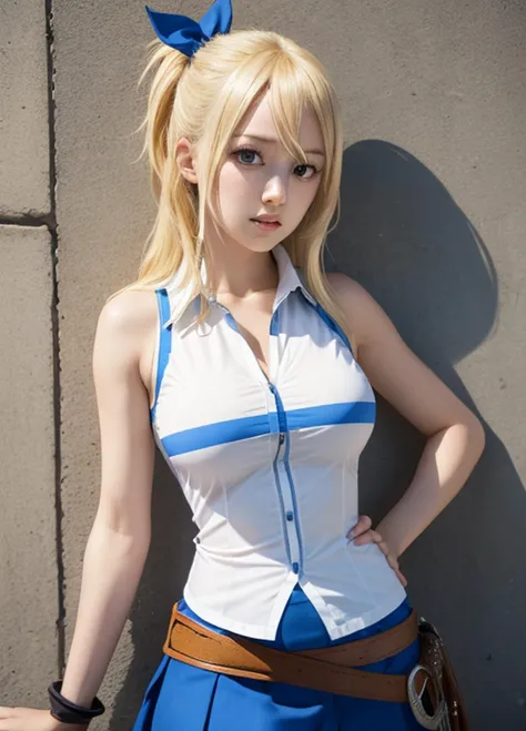 <lora:lucy_heartfilia_v1.1:0.7>lucy heartfilia, 1girl, solo, blonde hair, brown eyes, long hair, hair ribbon, large breasts, white shirt, sleeveless, belt, blue skirt