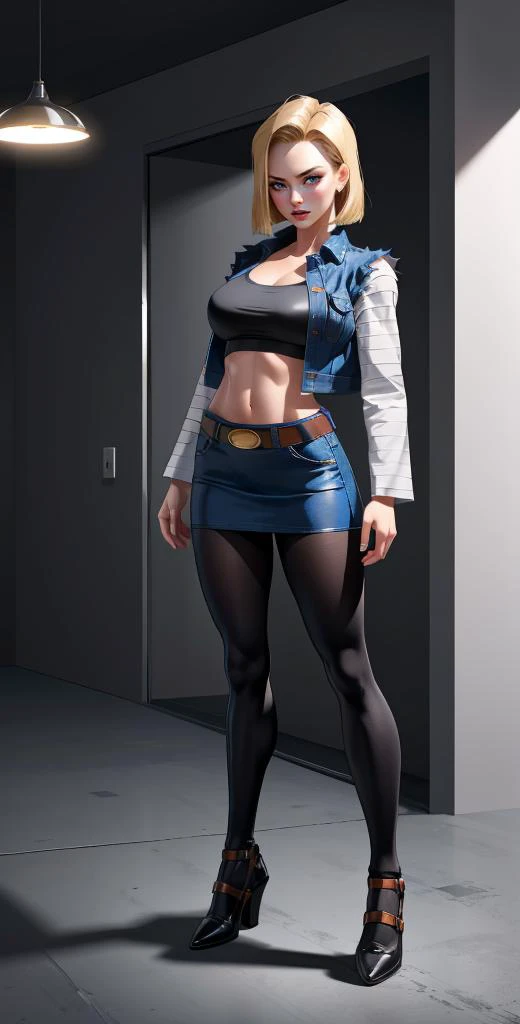 ((full body shot:1.6)), <lora:android_18-10:1>, (android18), ((large breasts)), (denim jacket), ((skin tight)black (crop top) (white striped sleeves)), (denim miniskirt), (belt), (((black pantyhose))), 
perfect lighting, (masterpiece:1), (best_quality:1), ...