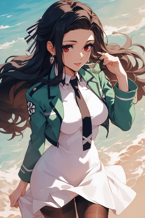 anime girl in uniform standing on beach with long hair