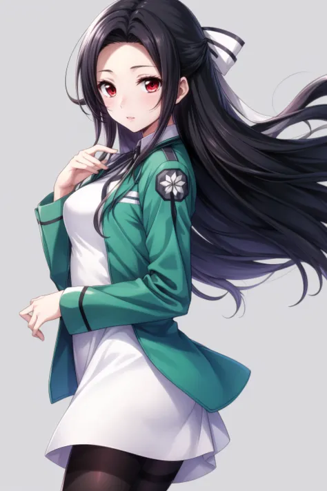 a woman with long black hair and a green jacket