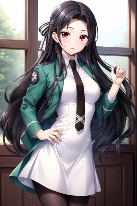 anime girl with long black hair and green jacket posing in front of a window